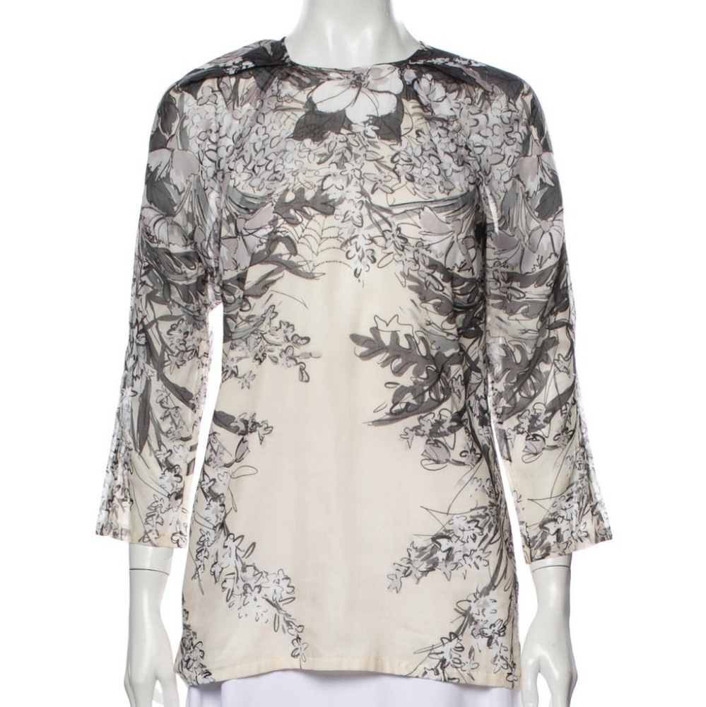 Cotton cream and black floral blouse by Lela Rose